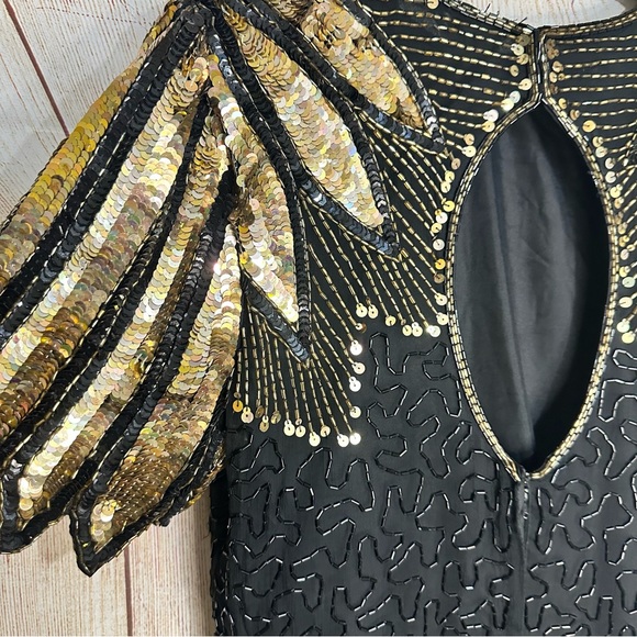 Vintage 100% Silk Sequin Beaded Gold Black 12p Midi Dress - Picture 7 of 12